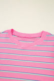 Pink Striped Textured Knit Puff Sleeve Crew Neck Top