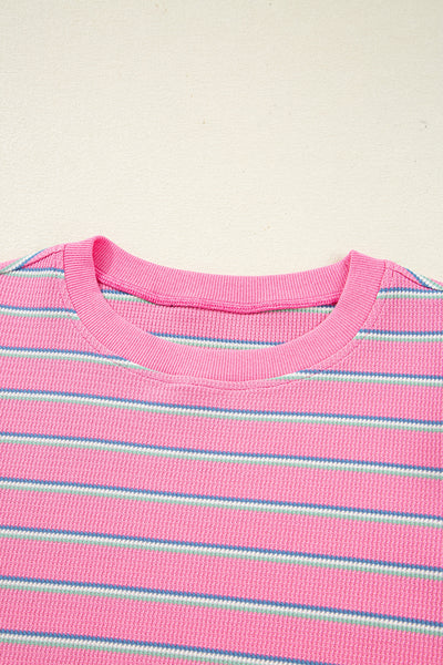 Pink Striped Textured Knit Puff Sleeve Crew Neck Top