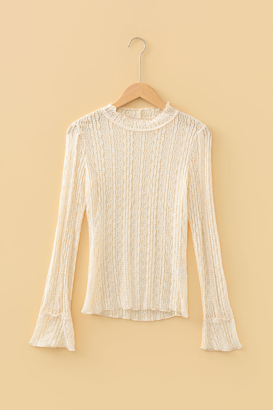 Light Pink Flounced Long Sleeve Mock Neck Sheer Lace Top
