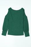 Green Boat Neck Cutout Long Sleeve Blouse with Button Detail Cuffs