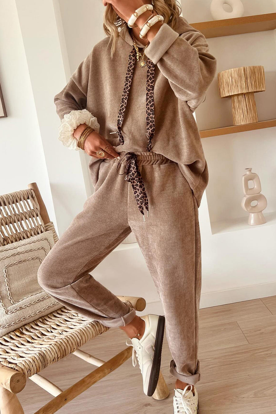 Contrast Drawstring Hoodie and High Waist Pants Corduroy Set- 5 Colors