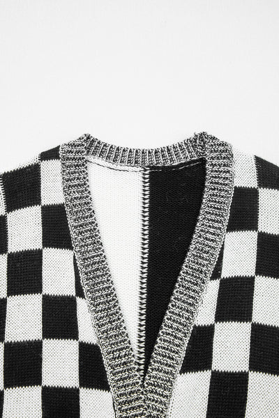 Black Checkered Open Front Drop Shoulder Cardigan