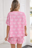 Pink Waffle Knit Bow Print Notched T-Shirt And Shorts Set