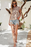 Multicolored Floral Frilled Neck Ruffled Short Sleeve Button-Up Blouse