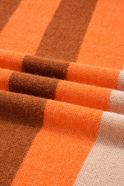 Orange Striped Colorblock High Neck Drop Shoulder Cozy Sweater