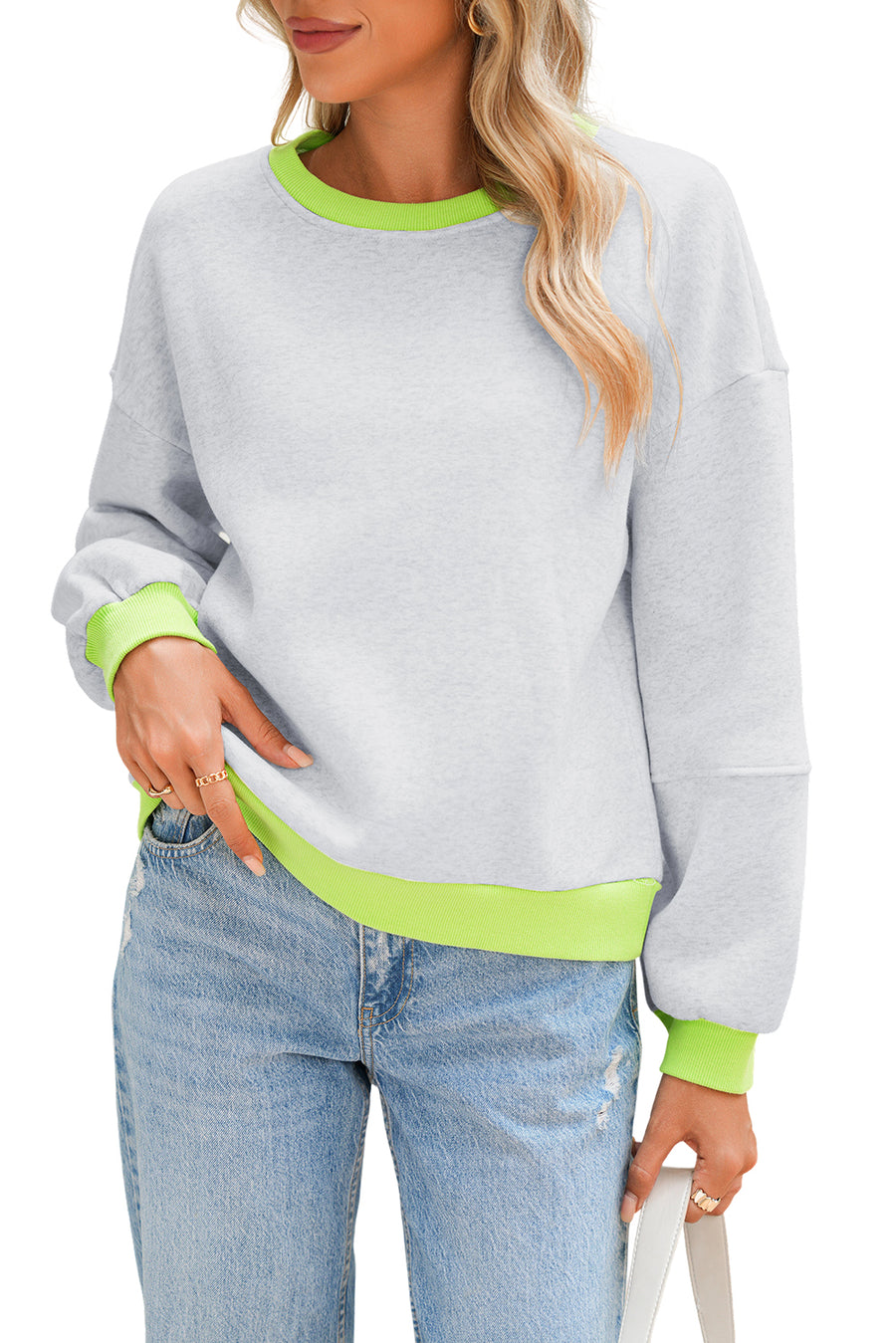 Light Grey Contrast Trim Patchwork Drop Sleeve Loose Sweatshirt