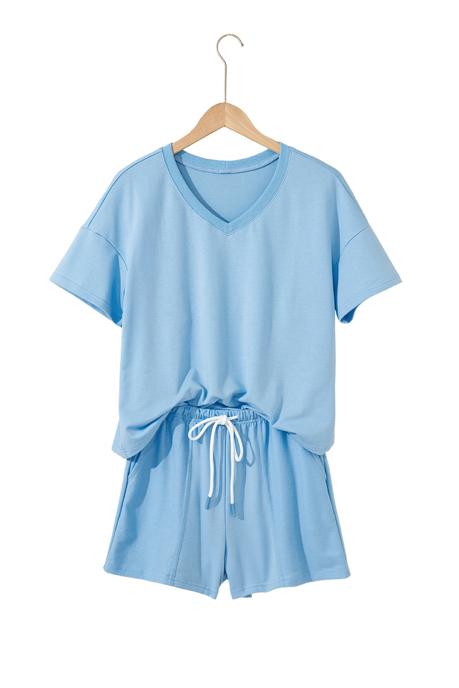 V-Neck Drop Shoulder T-Shirt and Patchwork Shorts Set- 3 Colors