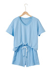 V-Neck Drop Shoulder T-Shirt and Patchwork Shorts Set- 3 Colors