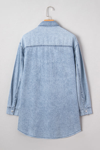 Beau Blue Chest Pocket Raw Hem Denim Loose Shirt Dress