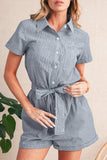 Railroad Striped Chest Pockets Button-Up Belted High-Waist Romper