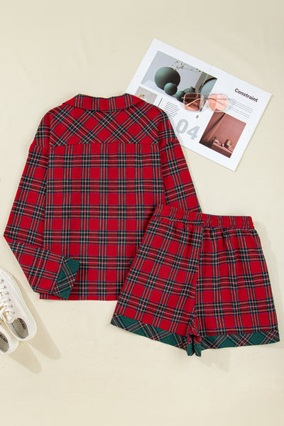 Red Plaid Contrast Color Christmas Holiday Long Sleeve Shirt and Shorts Pajama Set