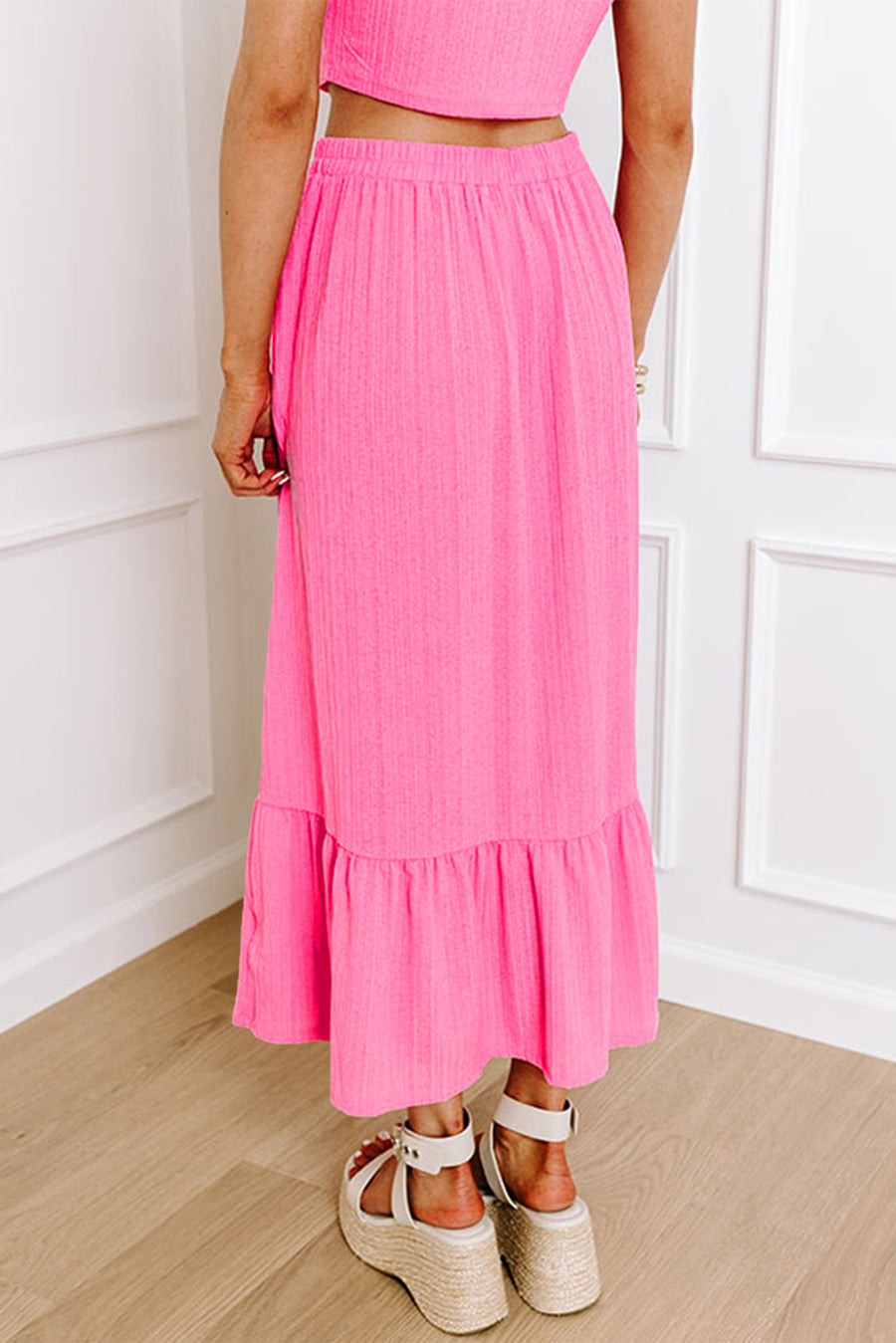 Bright Pink Textured Ruffle Trim Crop Top and Drawstring Skirt Set