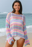 Openwork Side Slit Crew Neck Striped Cover-Up B- 2 Colors