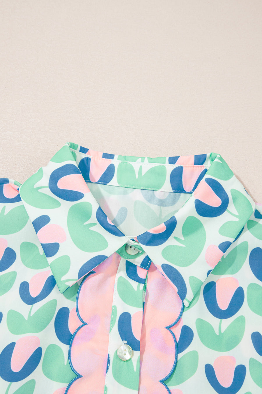 Mint Floral Print Scallop Trim Long Sleeve Mini Dress with Pockets