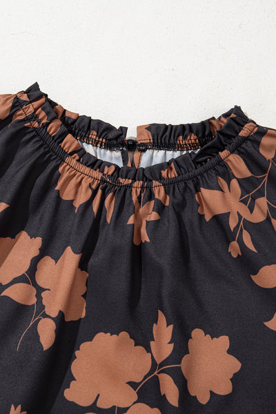 Chestnut Floral Print Frill Neck Bubble Sleeve Blouse