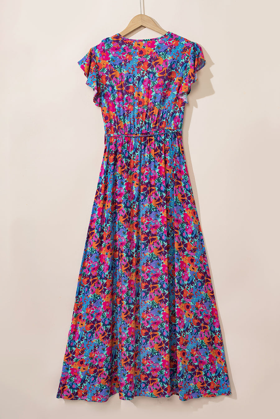 Blue Floral Print V-Neck Wrap Split Maxi Dress