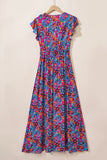 Blue Floral Print V-Neck Wrap Split Maxi Dress