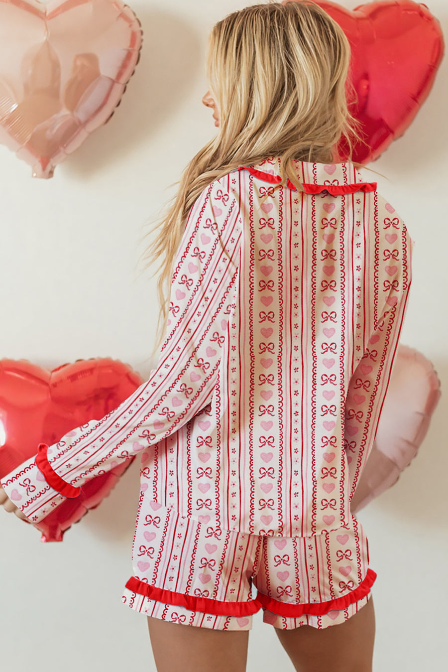 Red Hearts & Bows Print Ruffle Trim Long Sleeve Top and Shorts Pajama Set