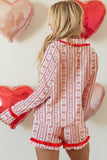 Red Hearts & Bows Print Ruffle Trim Long Sleeve Top and Shorts Pajama Set