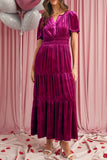 Velvet Puff Short Sleeve Smocked Waist Tiered Maxi Dress with Pockets- 3 Colors