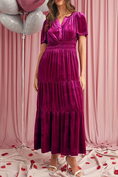 Velvet Puff Short Sleeve Smocked Waist Tiered Maxi Dress- 3 Colors