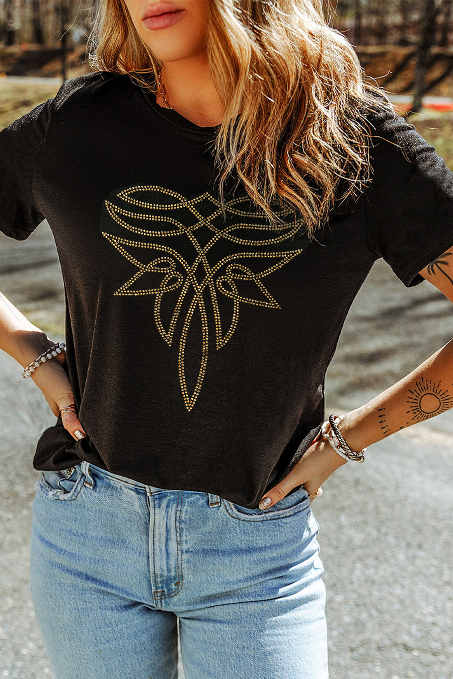 Black  Boot Stitch Pattern Rhinestone Transfer Cotton Blend Tee