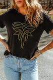 Black  Boot Stitch Pattern Rhinestone Transfer Cotton Blend Tee