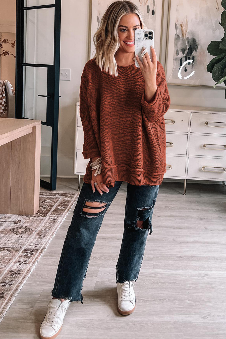 Brick Red Loose Crew Neck Textured Sweater