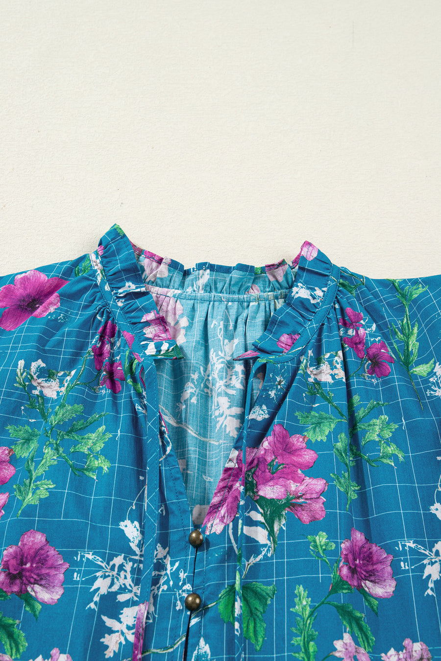 Blue Floral Flutter Sleeve Tie Neck Belted Midi Dress