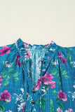 Blue Floral Flutter Sleeve Tie Neck Belted Midi Dress