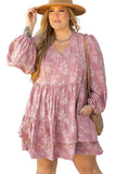 Plus Size Peach Floral Surplice V-Neck Long Sleeve Tiered Ruffle Mini Dress