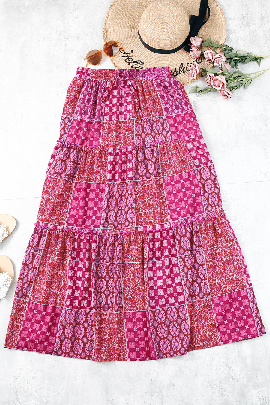 Tiered Paisley Print Maxi Skirt with Pockets