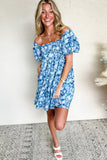 Blue Multi Floral Puff Sleeve Babydoll Mini Dress with Pockets