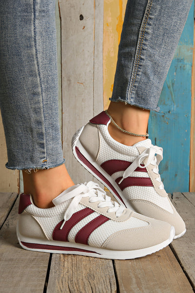 White Patchwork Breathable Lace Up Sneakers