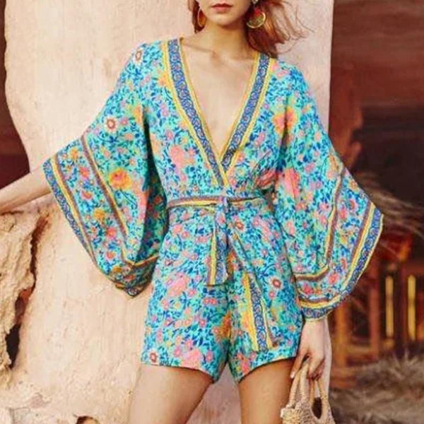 Women's Deep V-Neck Floral Print  Wide Leg Rompers