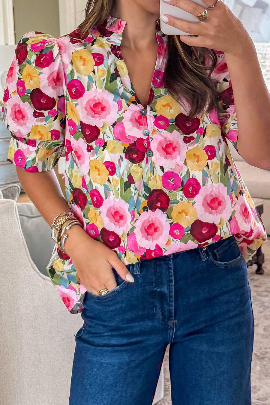Pink Floral Frilled V-Neck Puff Short Sleeve Blouse