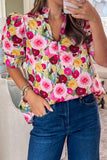 Pink Floral Frilled V-Neck Puff Short Sleeve Blouse