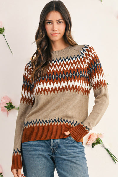 Khaki Geometric Print Colorblock Crew Neck Sweater