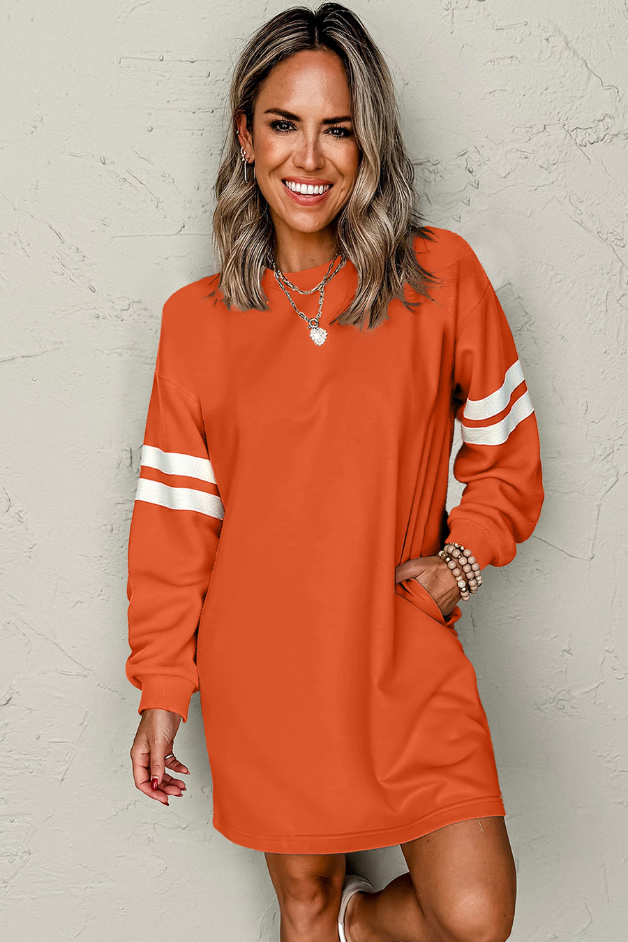 Varsity Striped Long Sleeve Loose Mini Dress with Pockets- 5 Colors