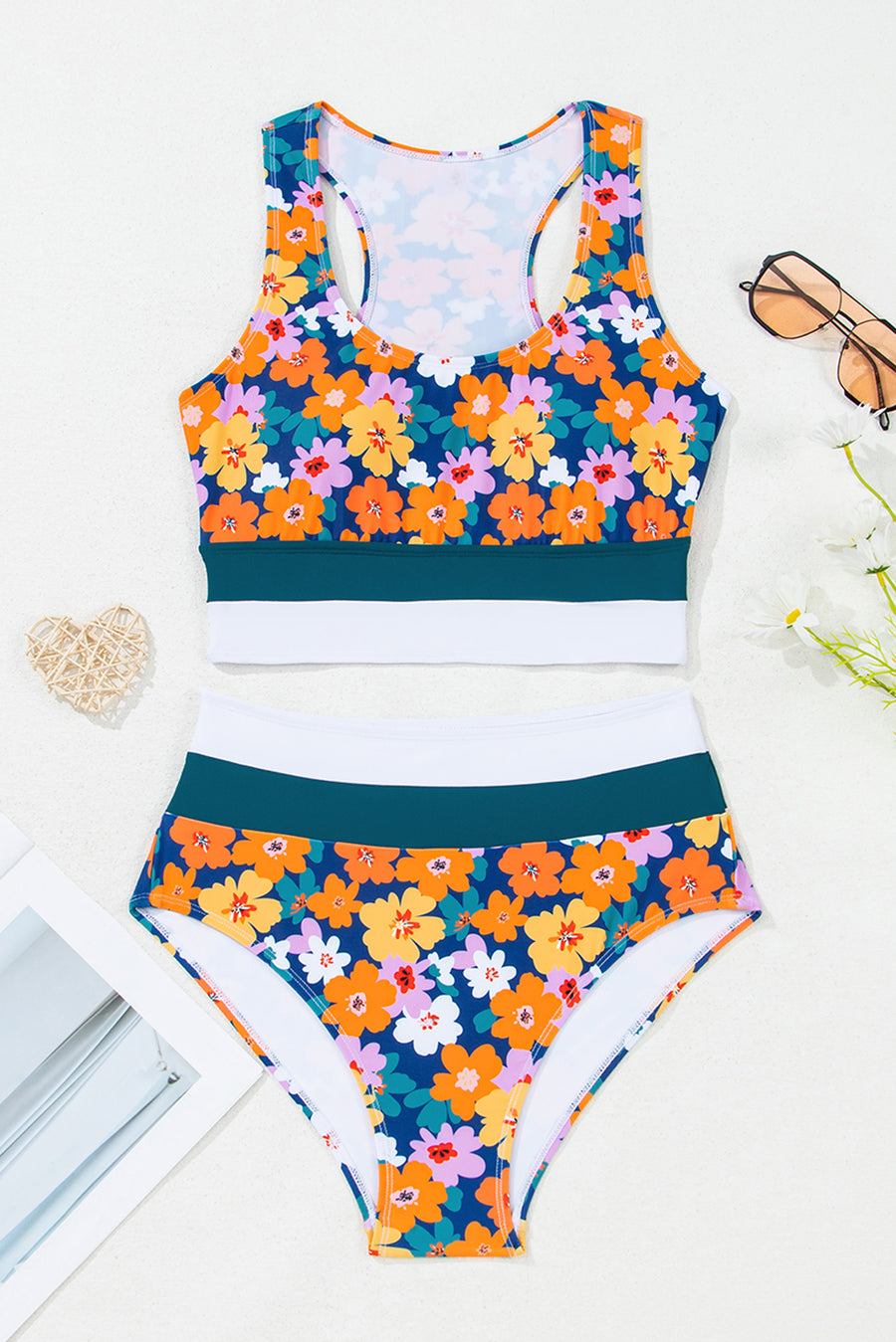 Floral Print Cutout Racerback High-Waist Tankini- 2 Styles