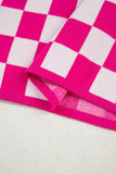 Fuchsia Checkered Pattern Cap Sleeve Knit Top