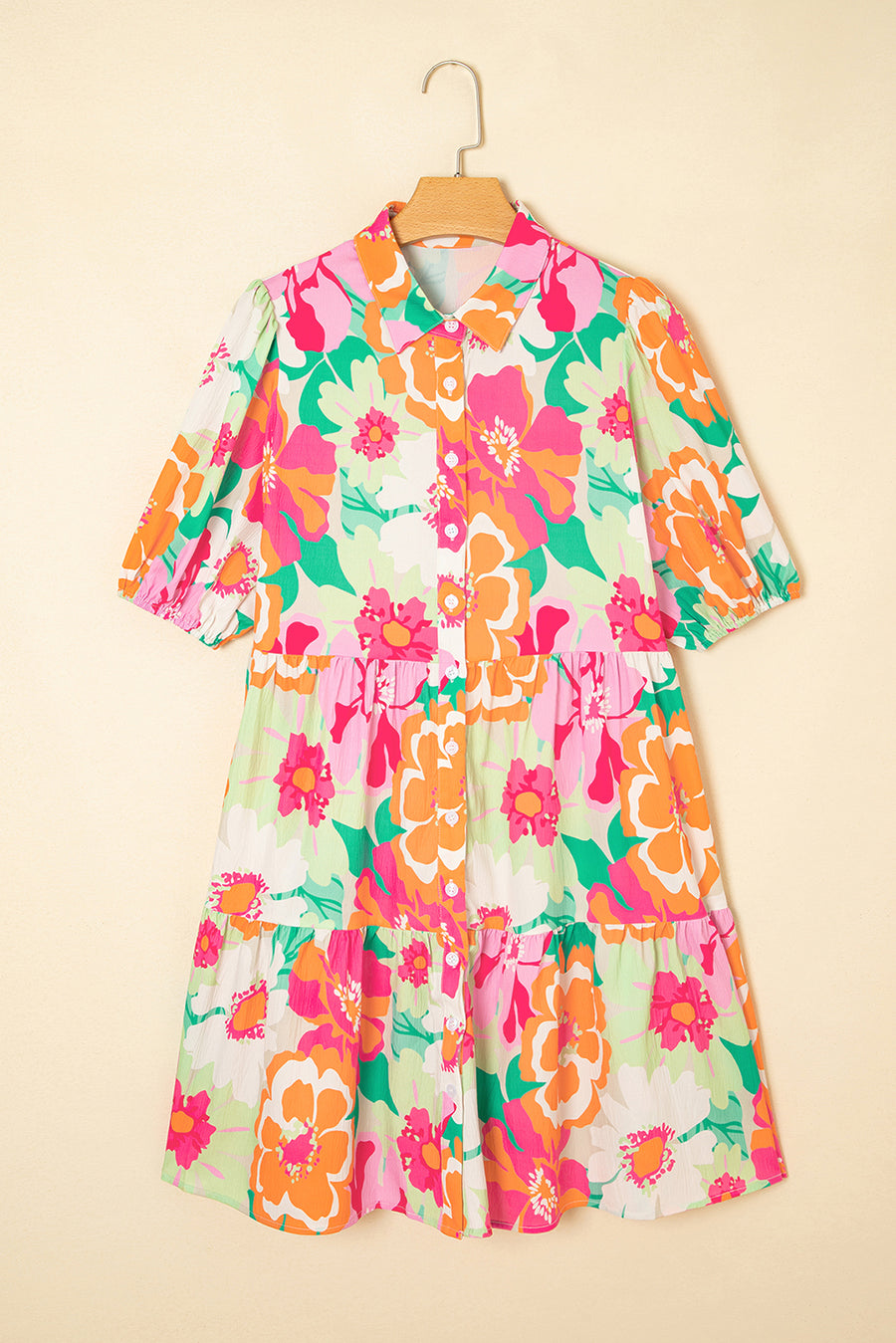 Floral Puff Sleeve Collared Button-Up Babydoll Mini Dress- 2 Colors