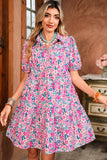Pink Multi Floral Button-Up Puff Sleeve A-Line Mini Dress