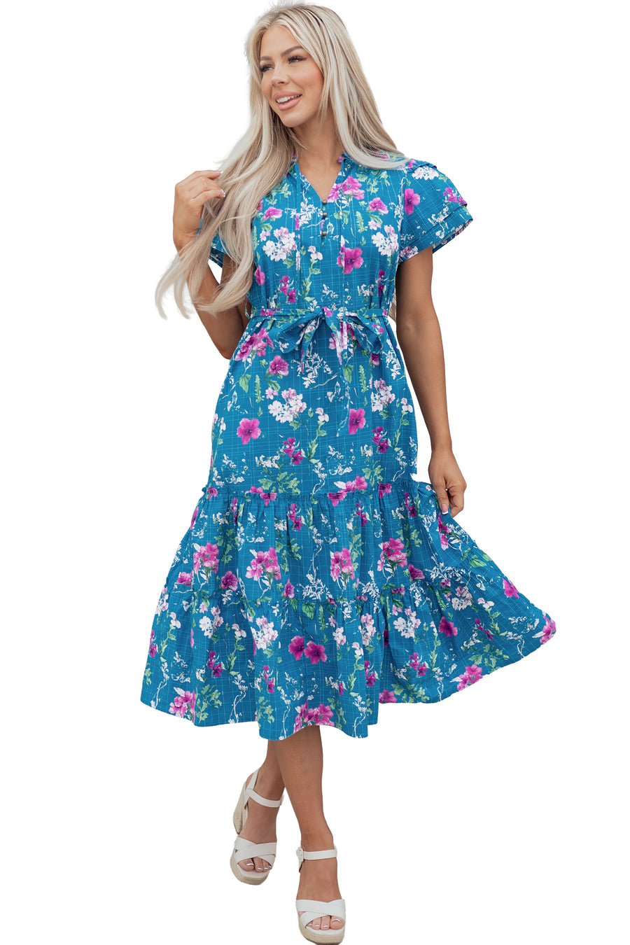 Blue Floral Flutter Sleeve Tie Neck Belted Midi Dress