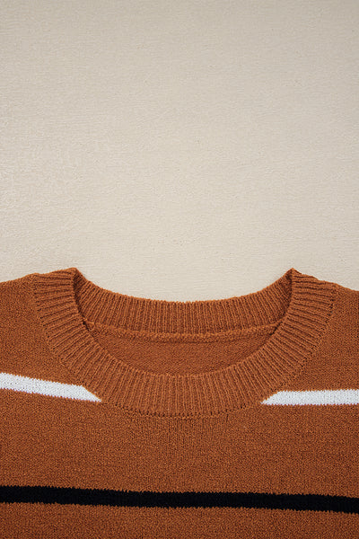 Brown Striped Ribbed Edge Drop Shoulder Sweater
