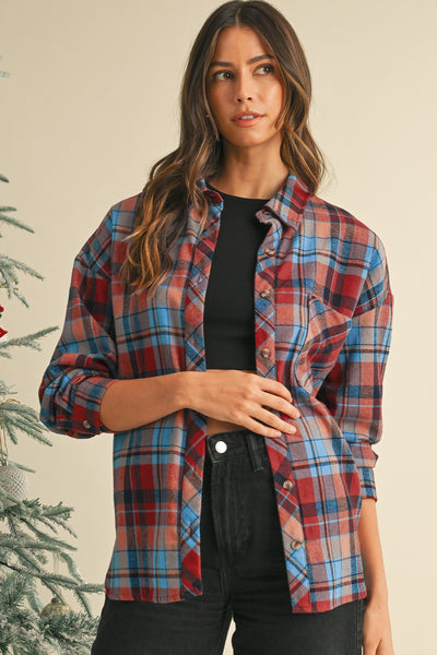 Red Plaid Print Drop Sleeve Loose Shirt Shacket