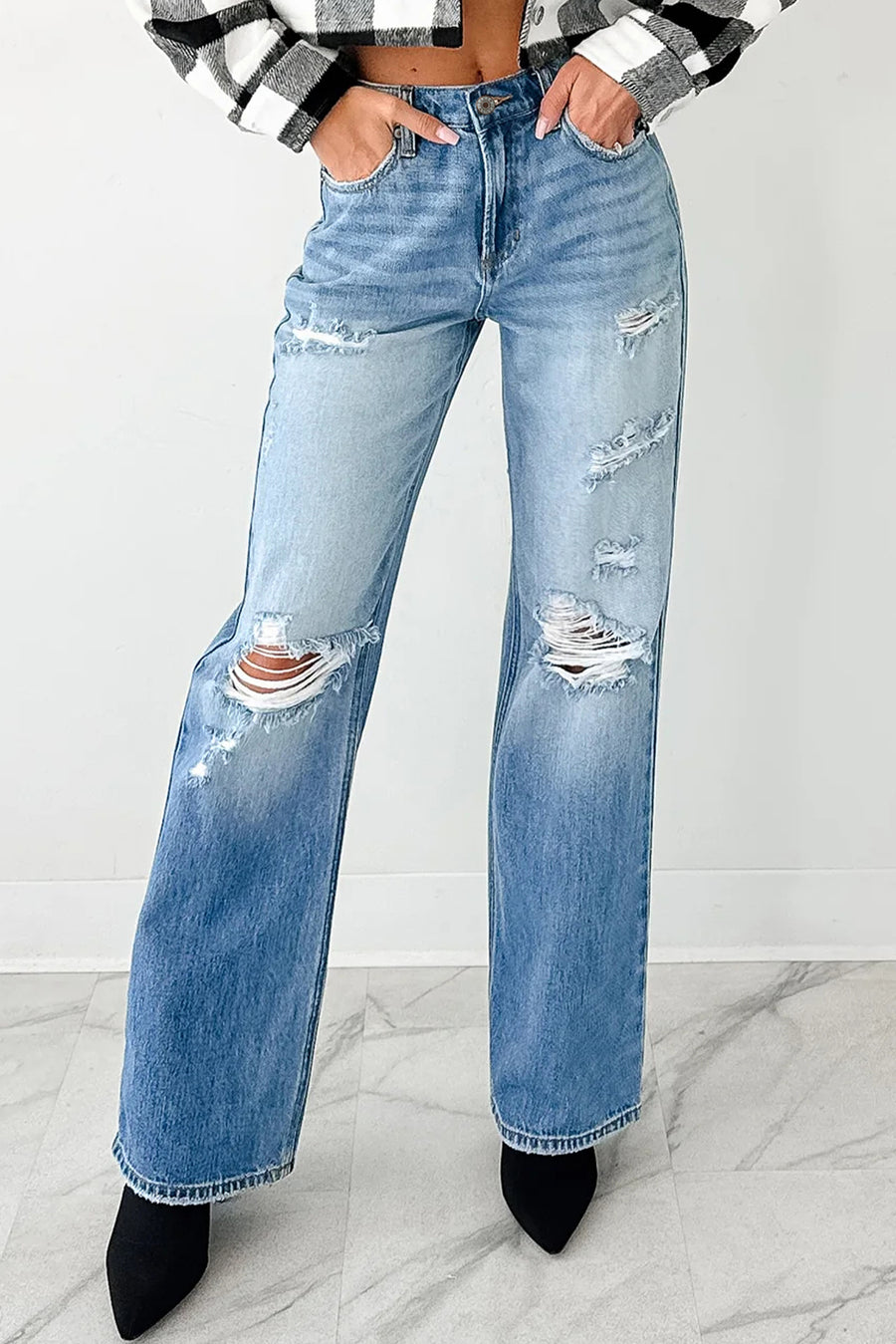 Medium Blue Mid-Rise Distressed Straight Leg Jeans