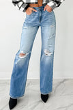 Medium Blue Mid-Rise Distressed Straight Leg Jeans