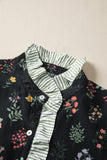 Black Floral Contrast Trim Frilled Neck Ruffled Short Sleeve Blouse