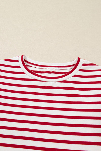 Red & White Striped Ruffle Shoulder Long Sleeve Top